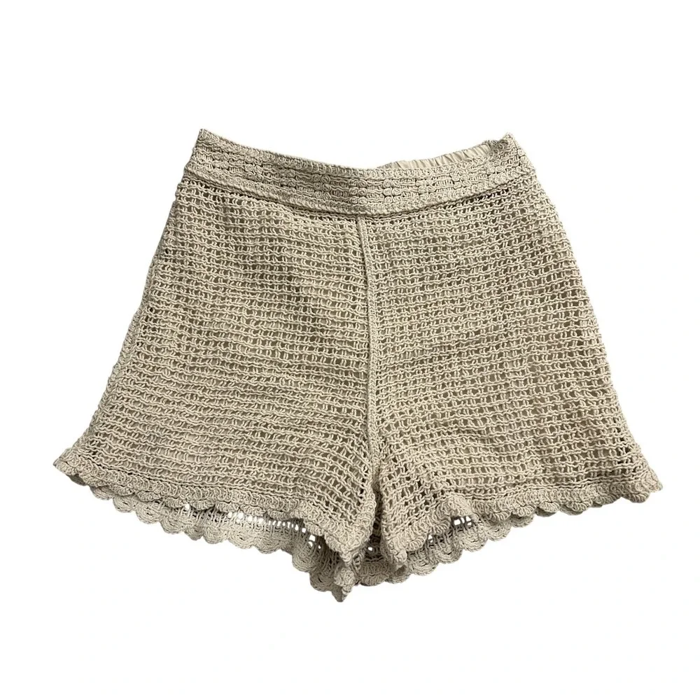Skies Are Blue Crochet‎ Shorts Womens Small Beige Excellent High Waist Scalloped